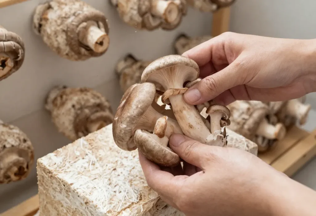 Shiitake Mushroom Growing Kit – hands harvesting shiitake mushrooms from grow kit