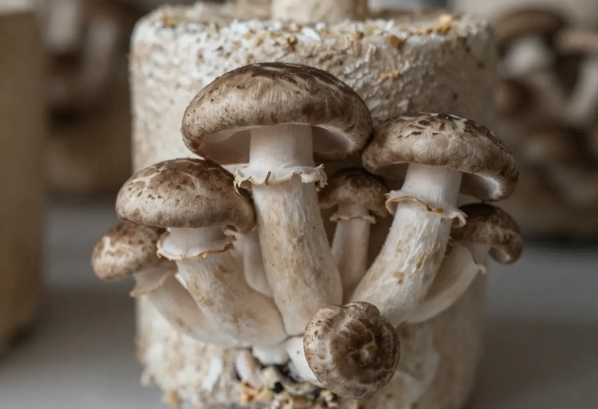 Shiitake Mushroom Growing Kit – close-up of shiitake mushrooms growing from cultivation kit