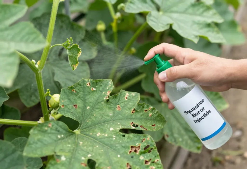 Squash Vine Borer Insecticide being applied to zucchini plant stems