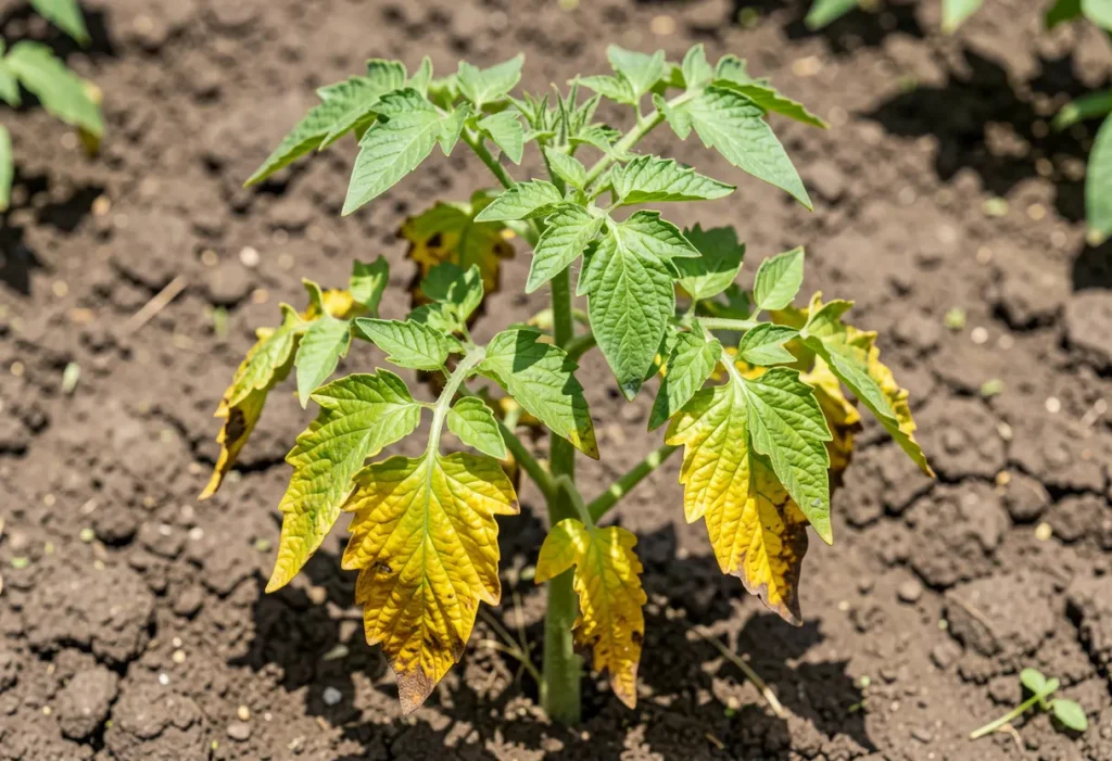 Tomato Leaves Turning Yellow – healthy tomato plant with early signs of leaf yellowing