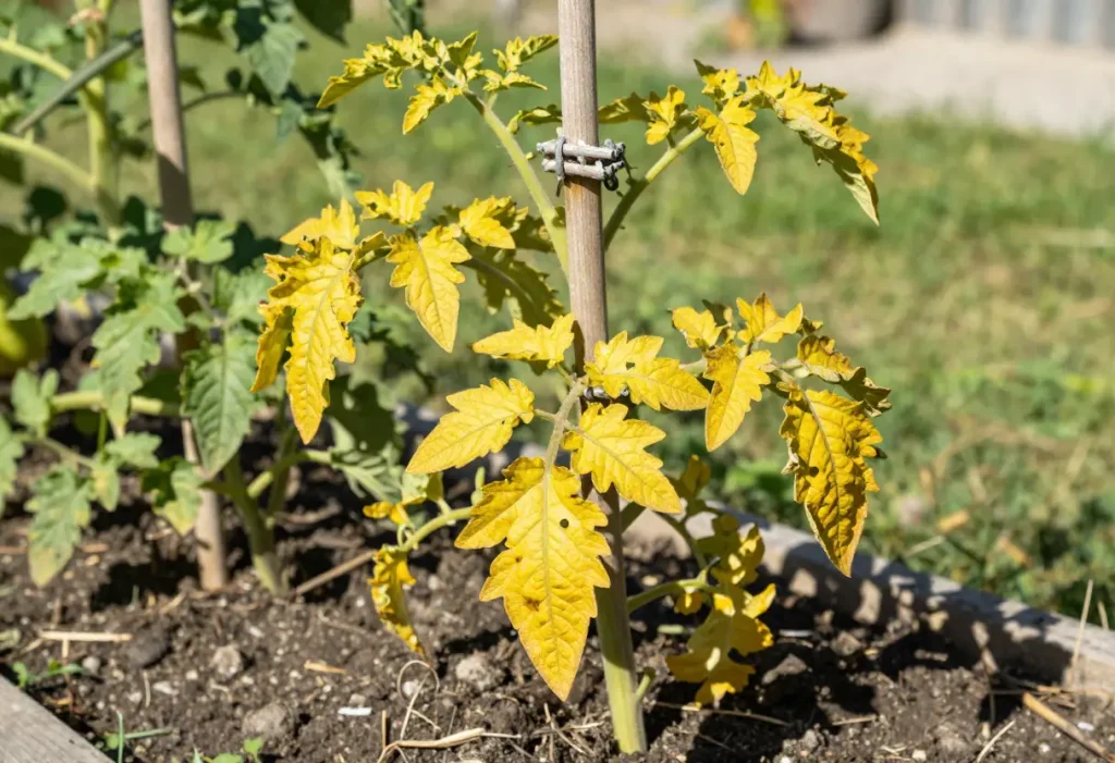 Tomato Leaves Turning Yellow – gardener inspecting tomato plant with yellow foliage