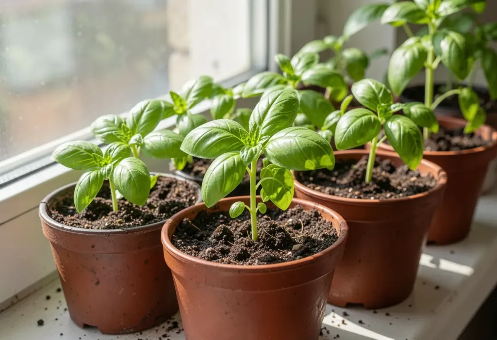 When Does Basil Grow in container gardening with healthy green leaves