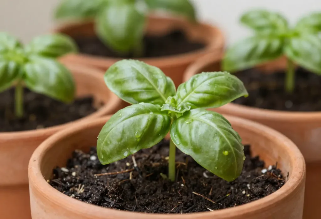 When Does Basil Grow showing young basil seedlings in early stage