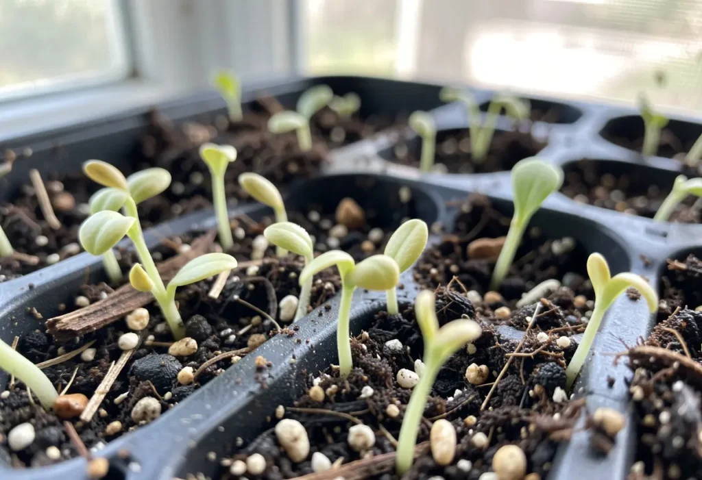 When to Start Zucchini Seeds Indoors – close-up of zucchini seedlings emerging from indoor containers