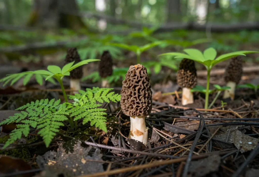 Where to Pick Morel Mushrooms showing fresh morels among leaf litter