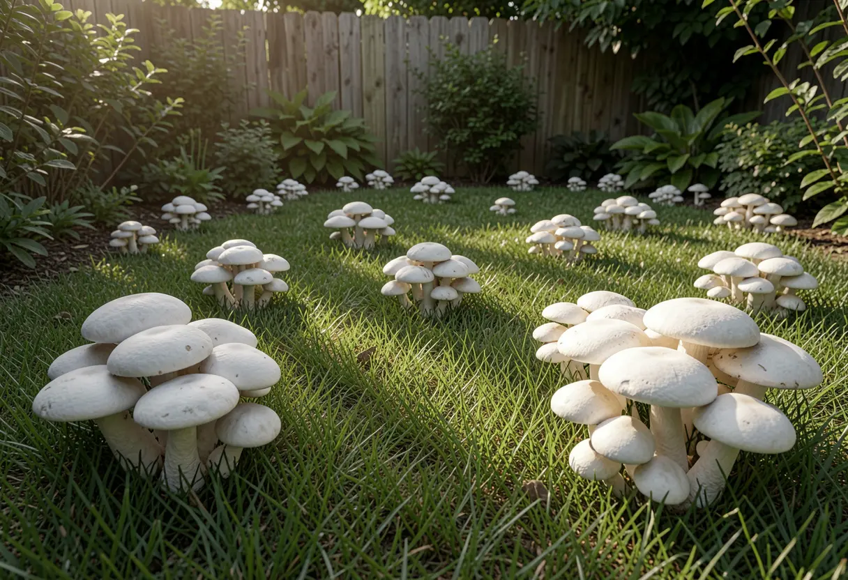 White Mushrooms Growing in Yard clustered in lawn area