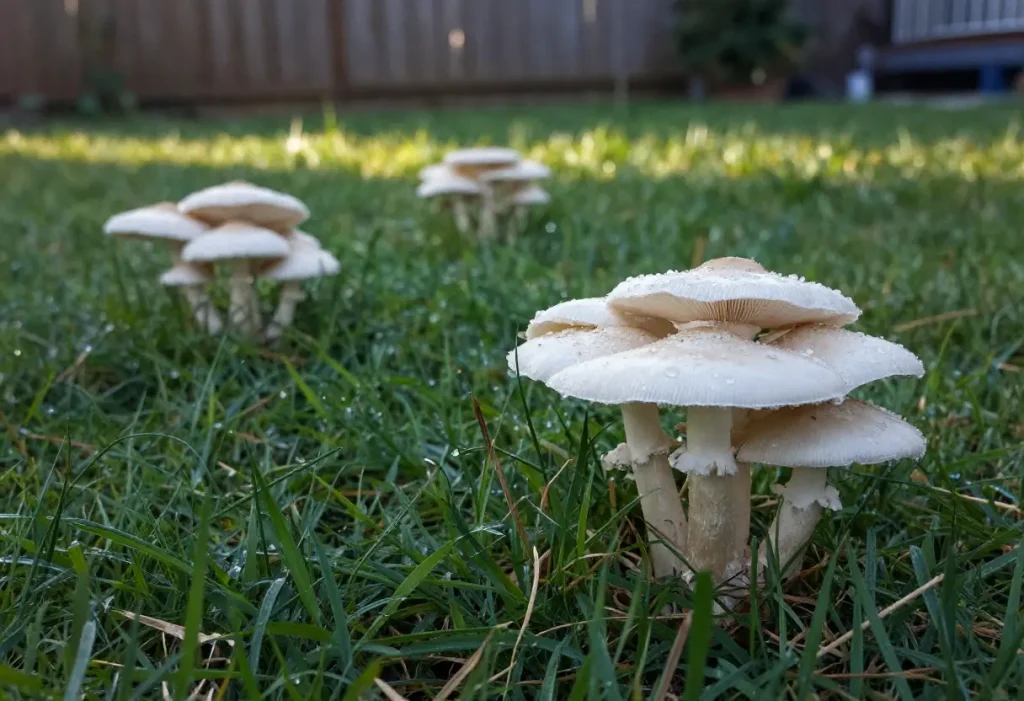 White Mushrooms Growing in Yard close-up view of small fungi