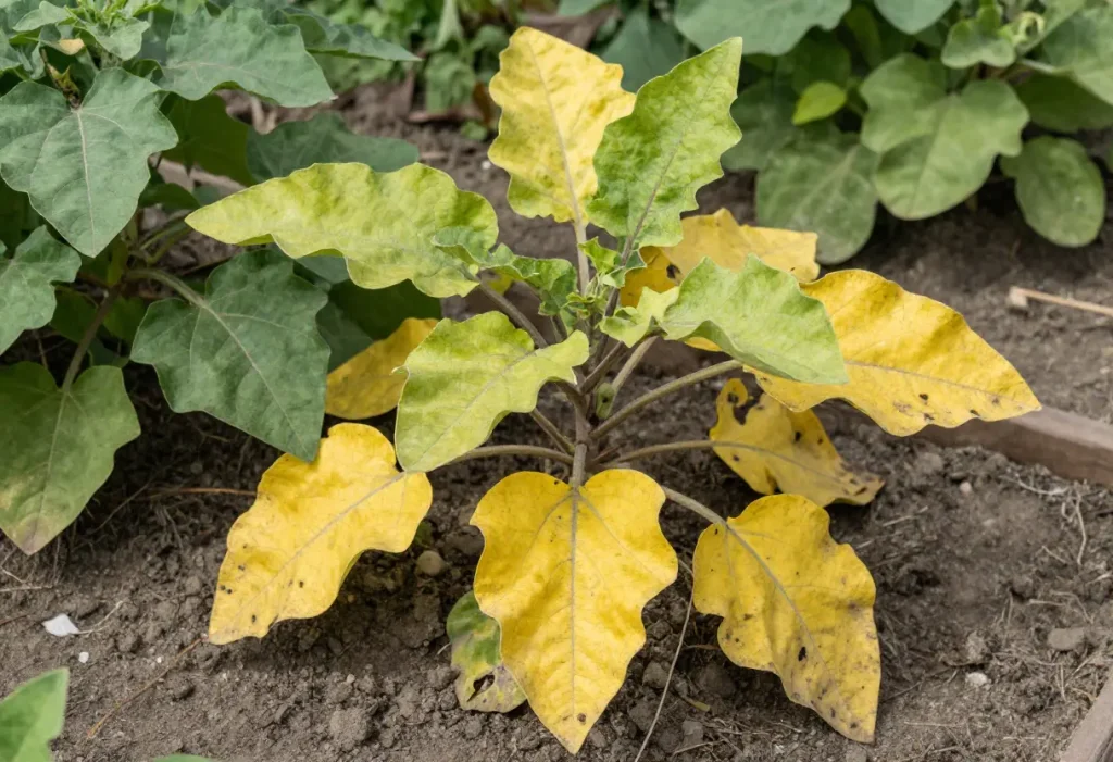 Why are My Eggplant Leaves Turning Yellow – close-up of eggplant plant with yellowing leaves in garden