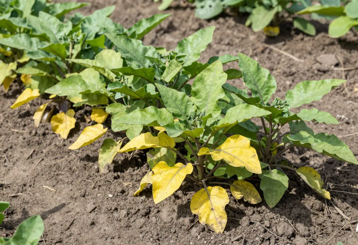 Why are My Eggplant Leaves Turning Yellow – hands checking eggplant plant affected by leaf yellowing