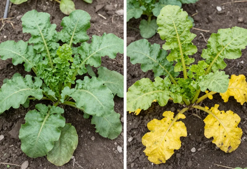 Why are My Radish Leaves Turning Yellow – close-up of radish plant with yellowing leaves in garden