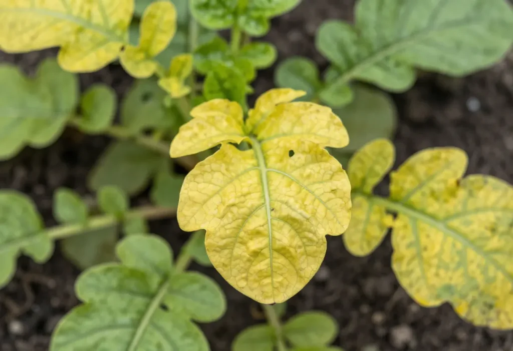 Why are My Radish Leaves Turning Yellow – close-up of radish plant with yellowing leaves in garden