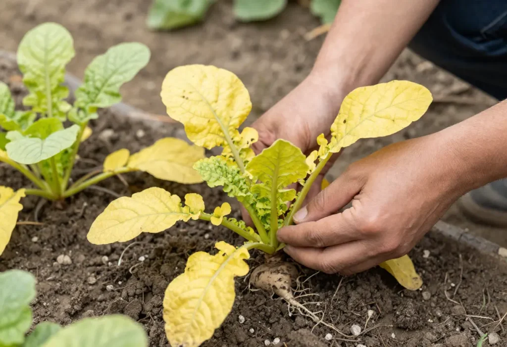 Why are My Radish Leaves Turning Yellow – comparison of healthy and yellow radish leaves in vegetable garden