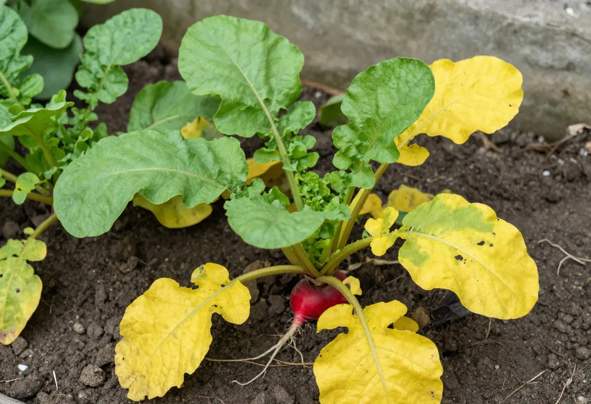 Why are My Radish Leaves Turning Yellow – hands checking soil around radish plant with yellow leaves