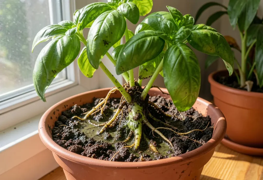 Why is My Basil Plant Dying due to overwatering in container garden