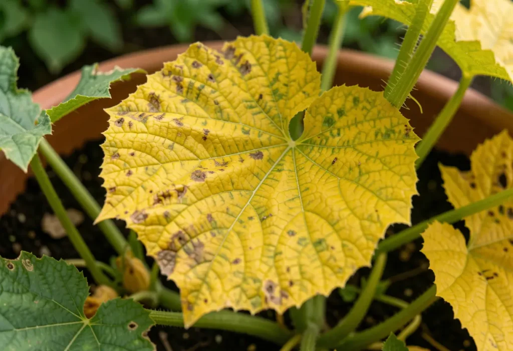 Yellow Leaves on Cucumber Plants in Containers – comparison of healthy and yellow cucumber leaves in container