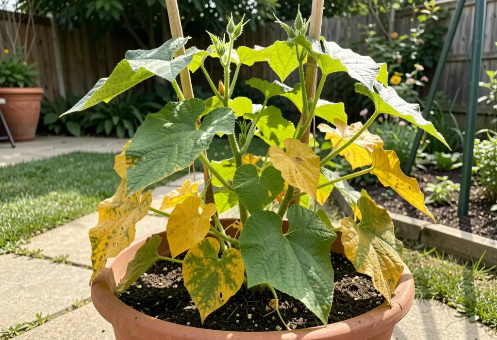 Yellow Leaves on Cucumber Plants in Containers – close-up of cucumber plant with yellowing leaves in pot