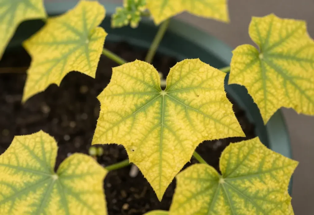 Yellow Leaves on Cucumber Plants in Containers – stressed cucumber plant showing yellow foliage in patio pot