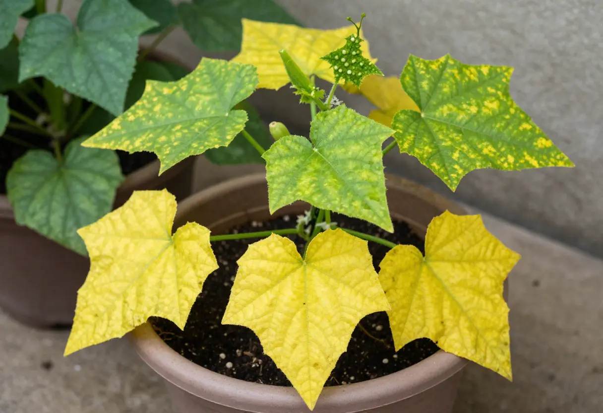 Yellow Leaves on Cucumber Plants in Containers – gardener inspecting yellow cucumber leaves in container garden