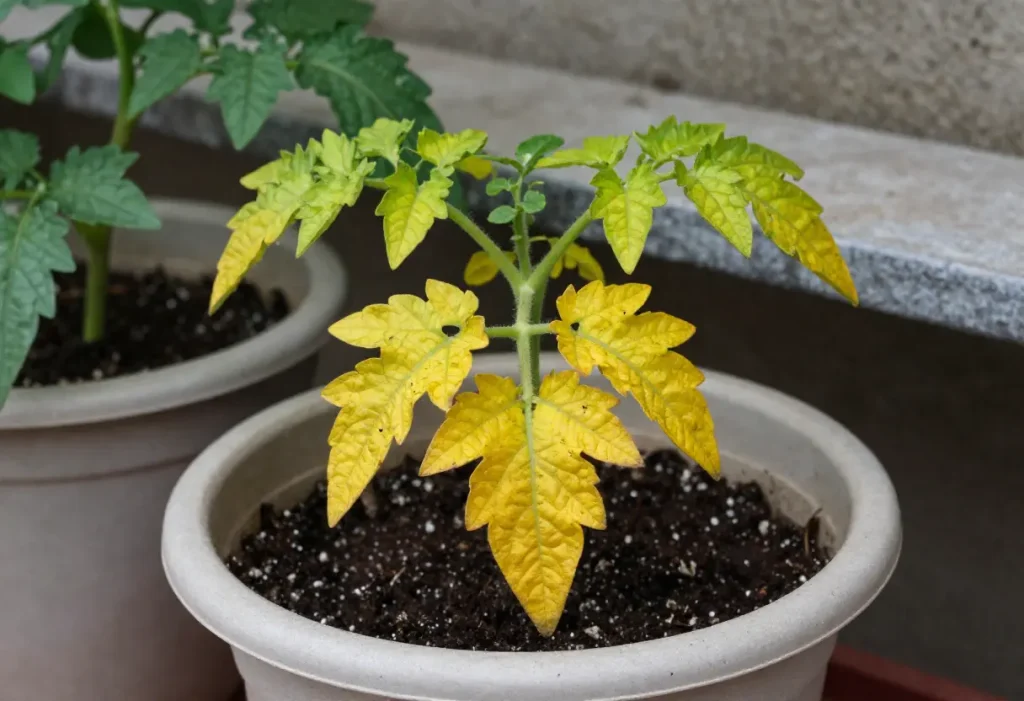 Yellow leaves on tomato plants in containers caused by nutrient deficiency