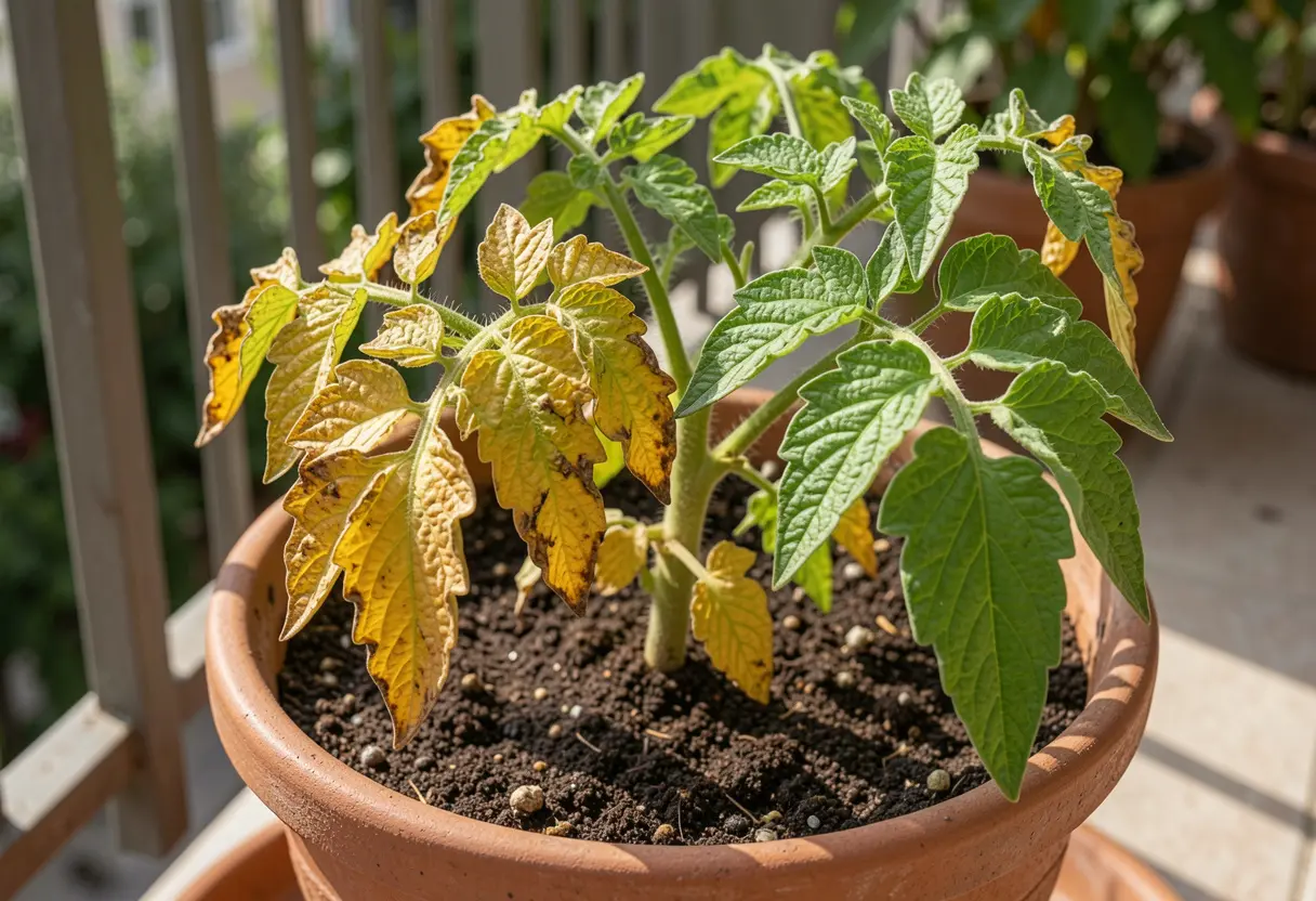 Tomato plants in pots with yellowing leaves showing signs of overwatering