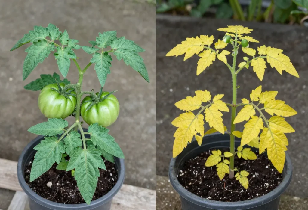 Close-up of yellow leaves on container-grown tomato plant in home garden