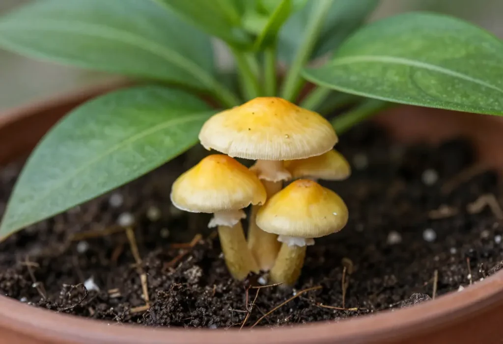 Yellow Mushroom in Potted Plant – small yellow mushroom growing in indoor plant soil