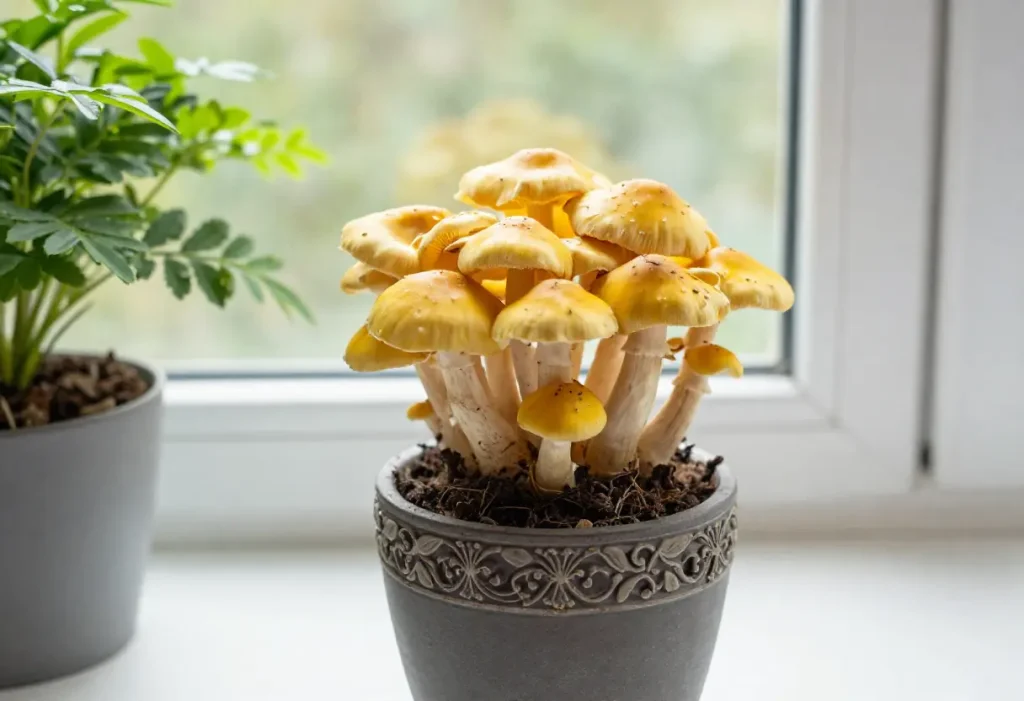 Yellow Mushroom in Potted Plant – yellow mushroom emerging beside indoor foliage in container
