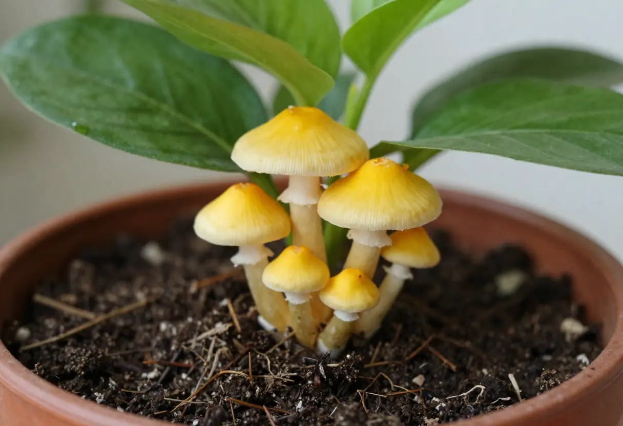 Yellow Mushroom in Potted Plant – close-up of yellow mushroom sprouting from potting mix
