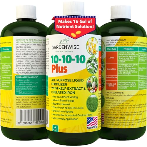 GARDENWISE 10-10-10 All Purpose Plant Food - Liquid Fertilizer with Seaweed Kelp & Iron - Indoor & Outdoor Plant Food, Vegetables, Flowers, Lawn & Garden 1x8oz