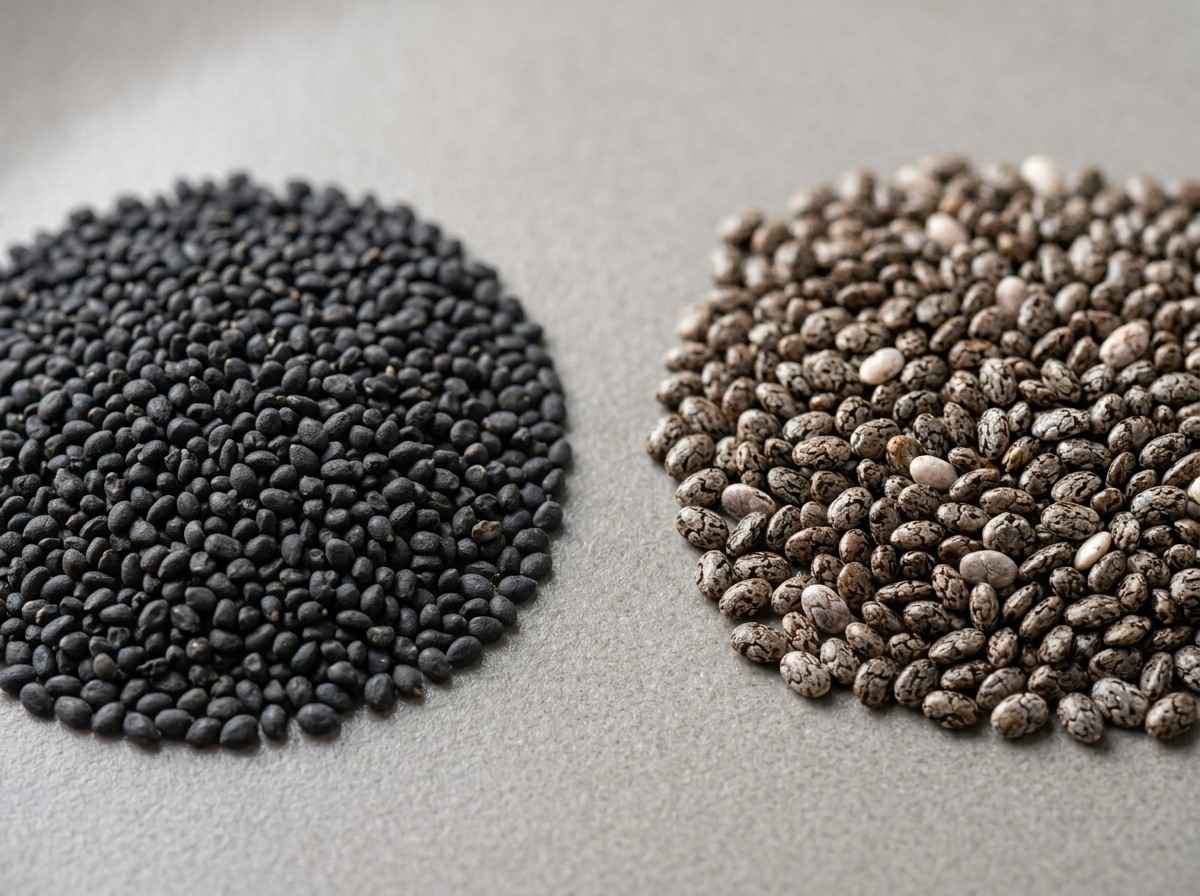Basil Seeds Vs Chia Seeds highlighting differences in size and texture