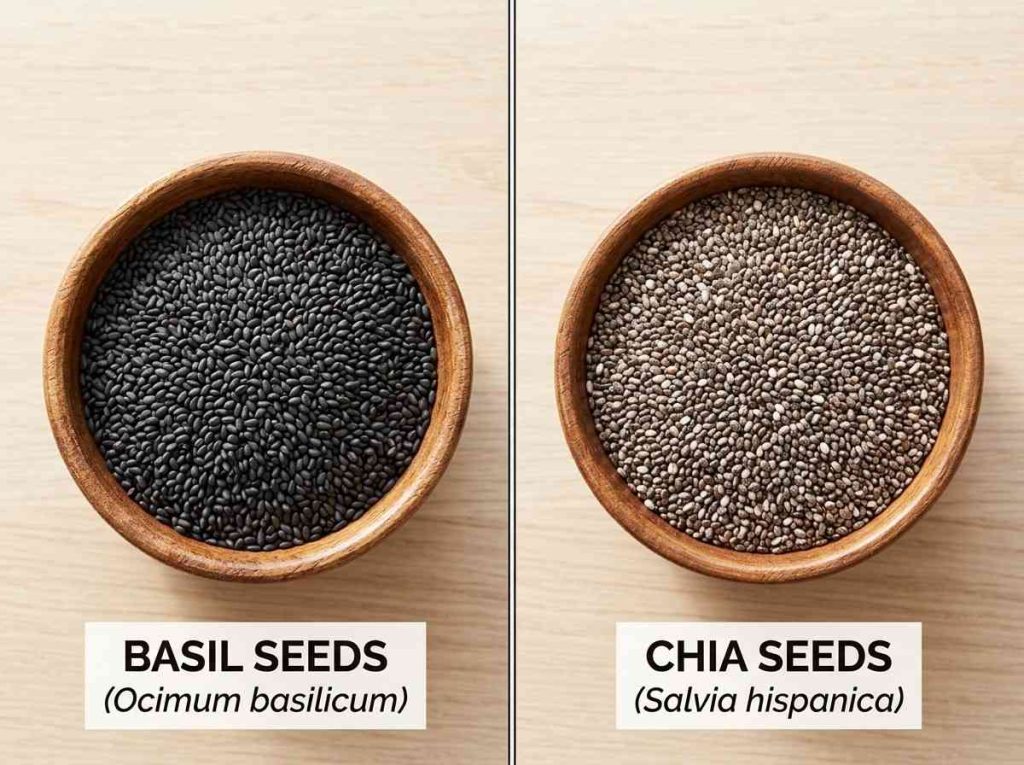 Basil Seeds Vs Chia Seeds showing side by side comparison of both seeds
