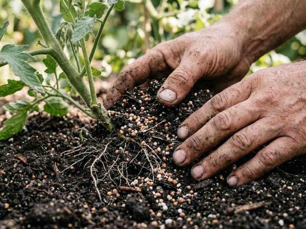 Best Fertilizer Tips for Tomato Plants showing application of organic fertilizer in garden