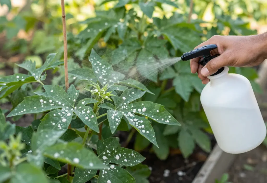 Best Fungicide for Powdery Mildew showing treatment of infected garden plants