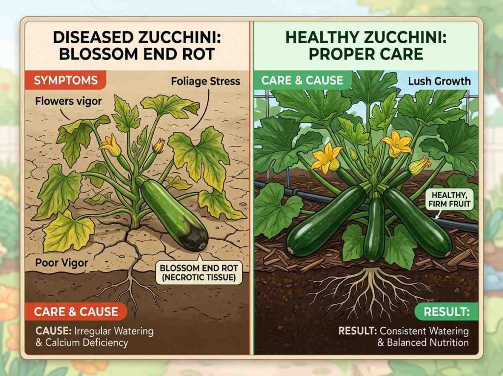 Close up of Blossom End Rot in Zucchini with visible fruit damage