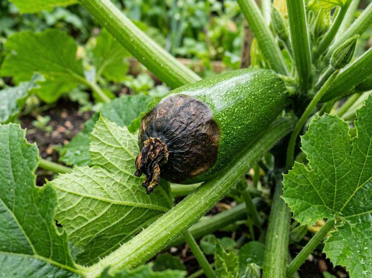 Blossom End Rot in Zucchini showing dark sunken spots on fruit ends