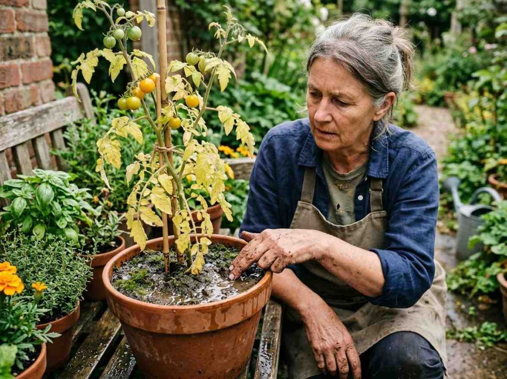 Cherry Tomato Leaves Turning Yellow with signs of overwatering damage