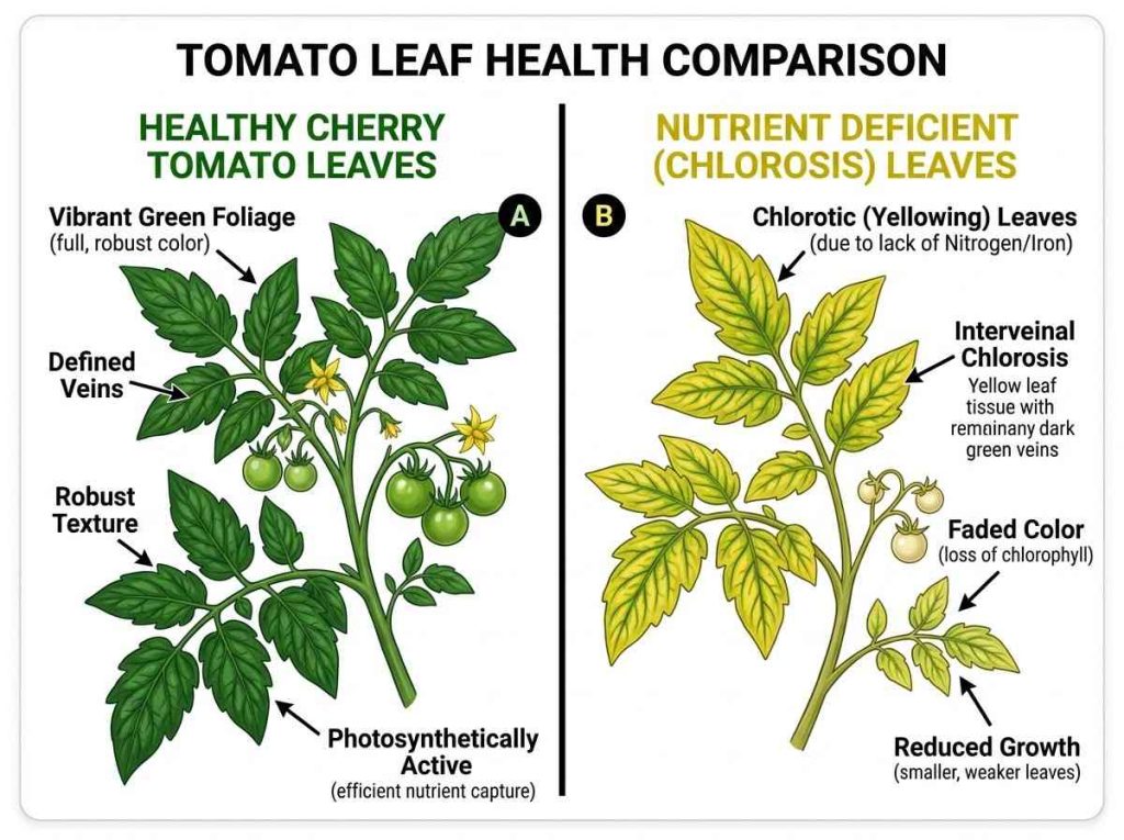 Cherry Tomato Leaves Turning Yellow due to nutrient deficiency in garden soil