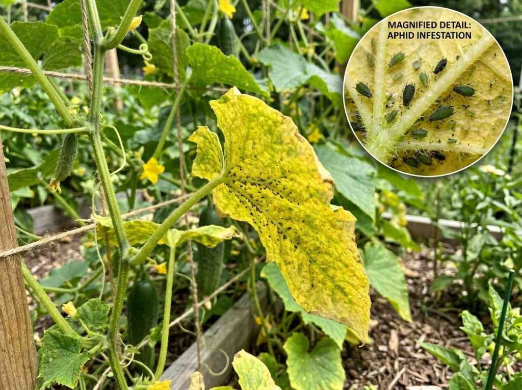 Cucumber Leaves Turning Yellow with signs of pest damage on leaves