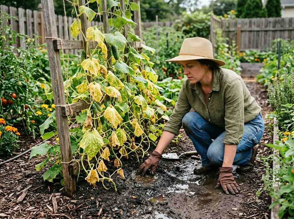 Cucumber Leaves Turning Yellow in a home garden with overwatering issues