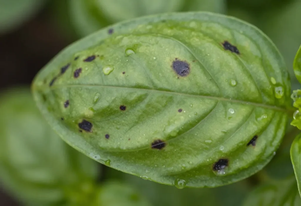 Dark Spots on Basil Leaves causing damage and discoloration in garden plants