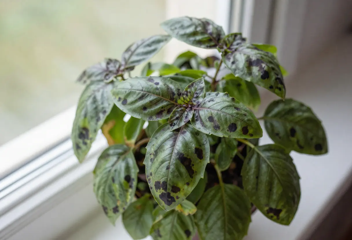 Close up of Dark Spots on Basil Leaves with visible leaf damage