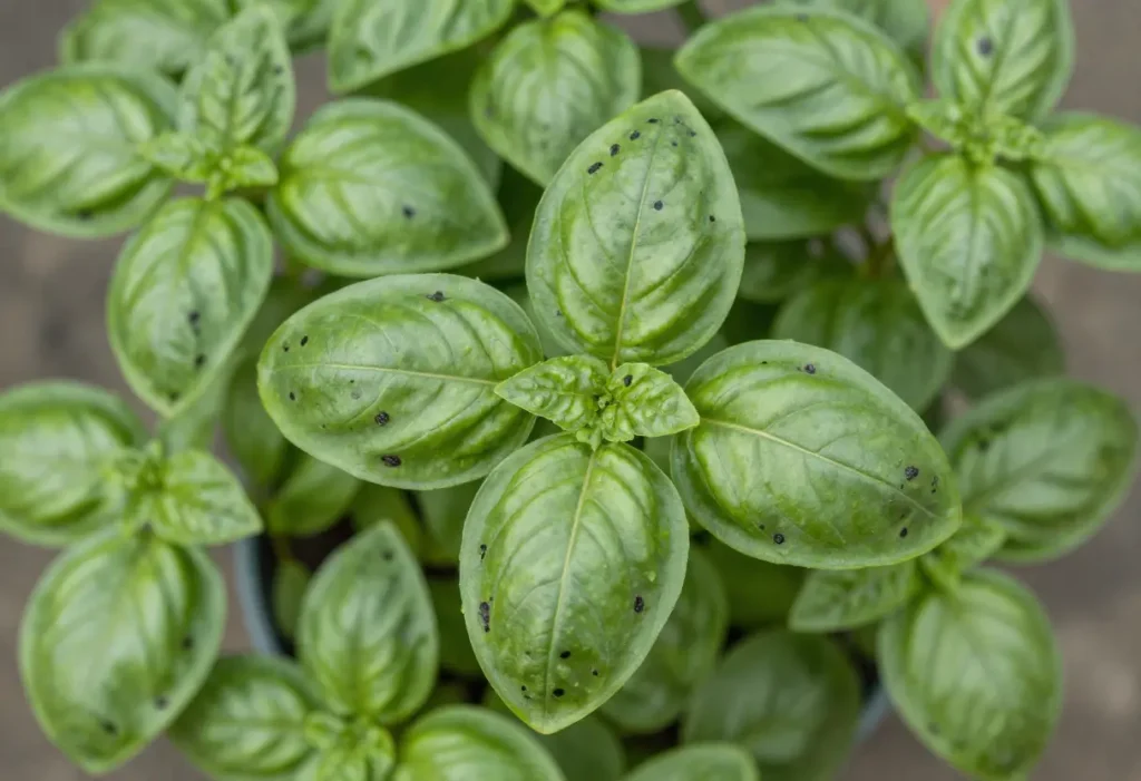 Dark Spots on Basil Leaves showing fungal infection on plant foliage
