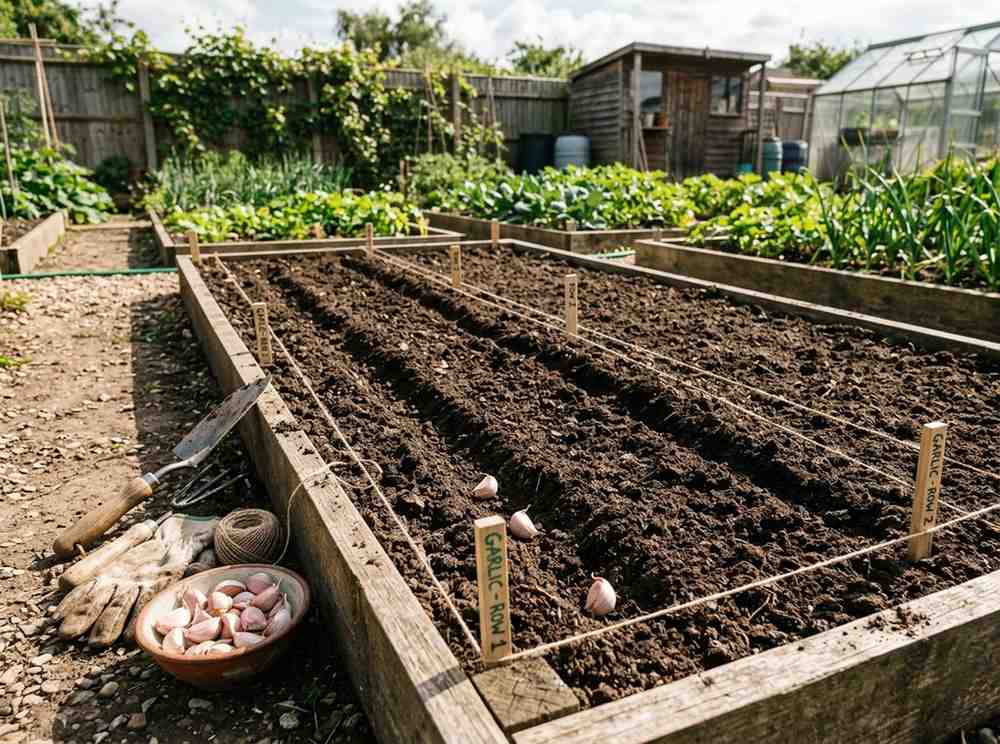 Growing Garlic from Cloves in raised beds for better root development