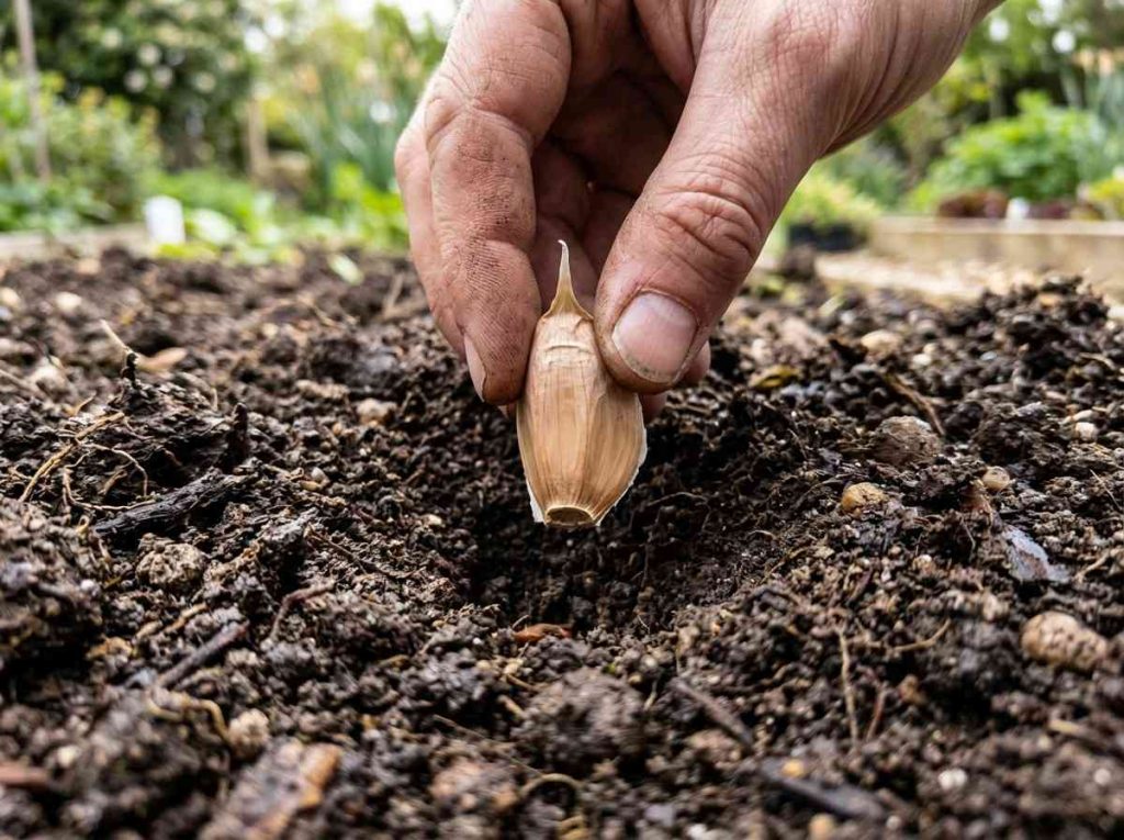 Growing Garlic from Cloves showing cloves planted in garden soil