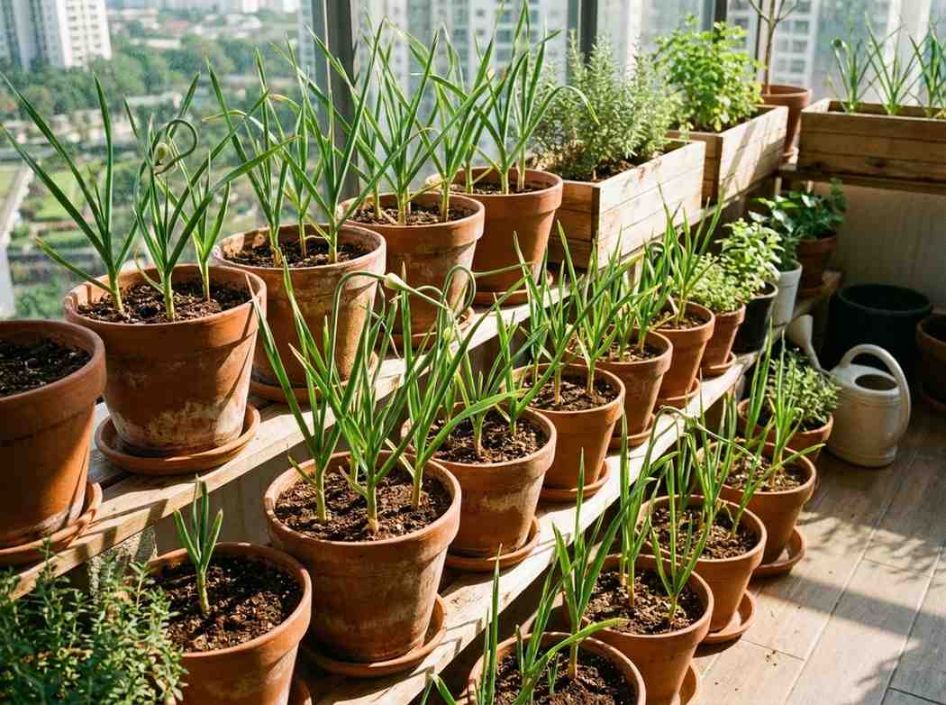 Beginner guide on Growing Garlic in Containers at home balcony garden