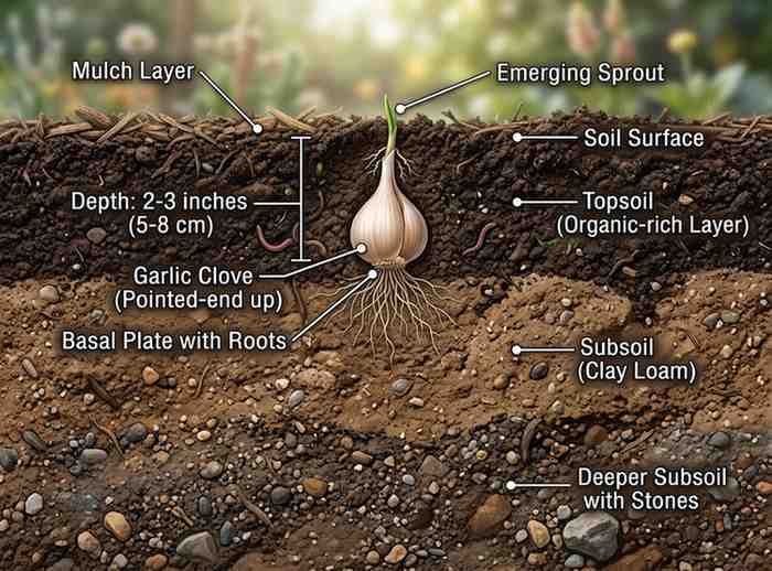 How Deep to Plant Garlic showing correct planting depth in garden soil