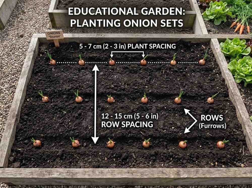 How Far Apart to Plant Onion Sets showing proper spacing in garden rows