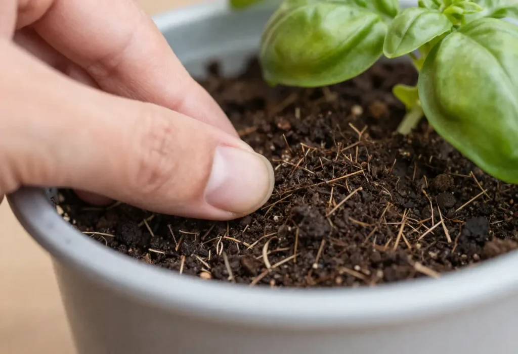 How Often to Water Basil showing correct soil moisture level