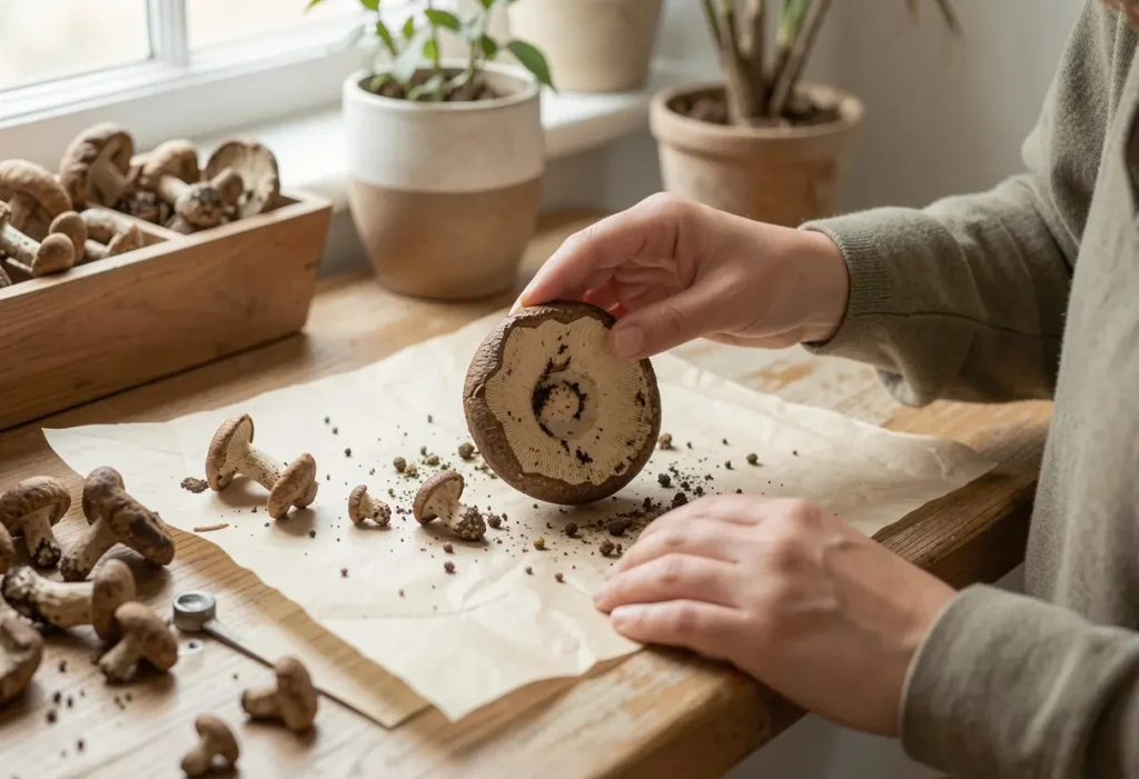 How to Collect Mushroom Spores showing step by step spore printing process