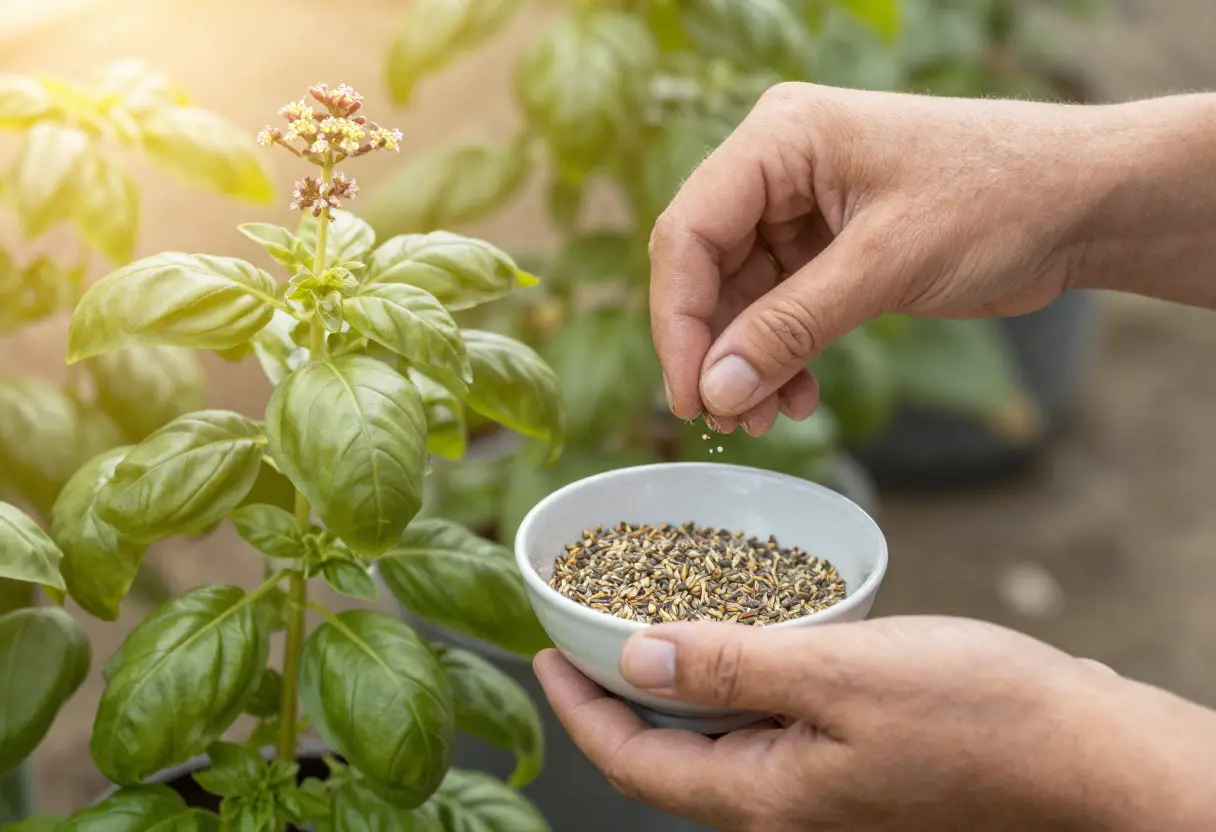 How to Collect Seeds from Basil Plant showing dried seed heads ready for harvest